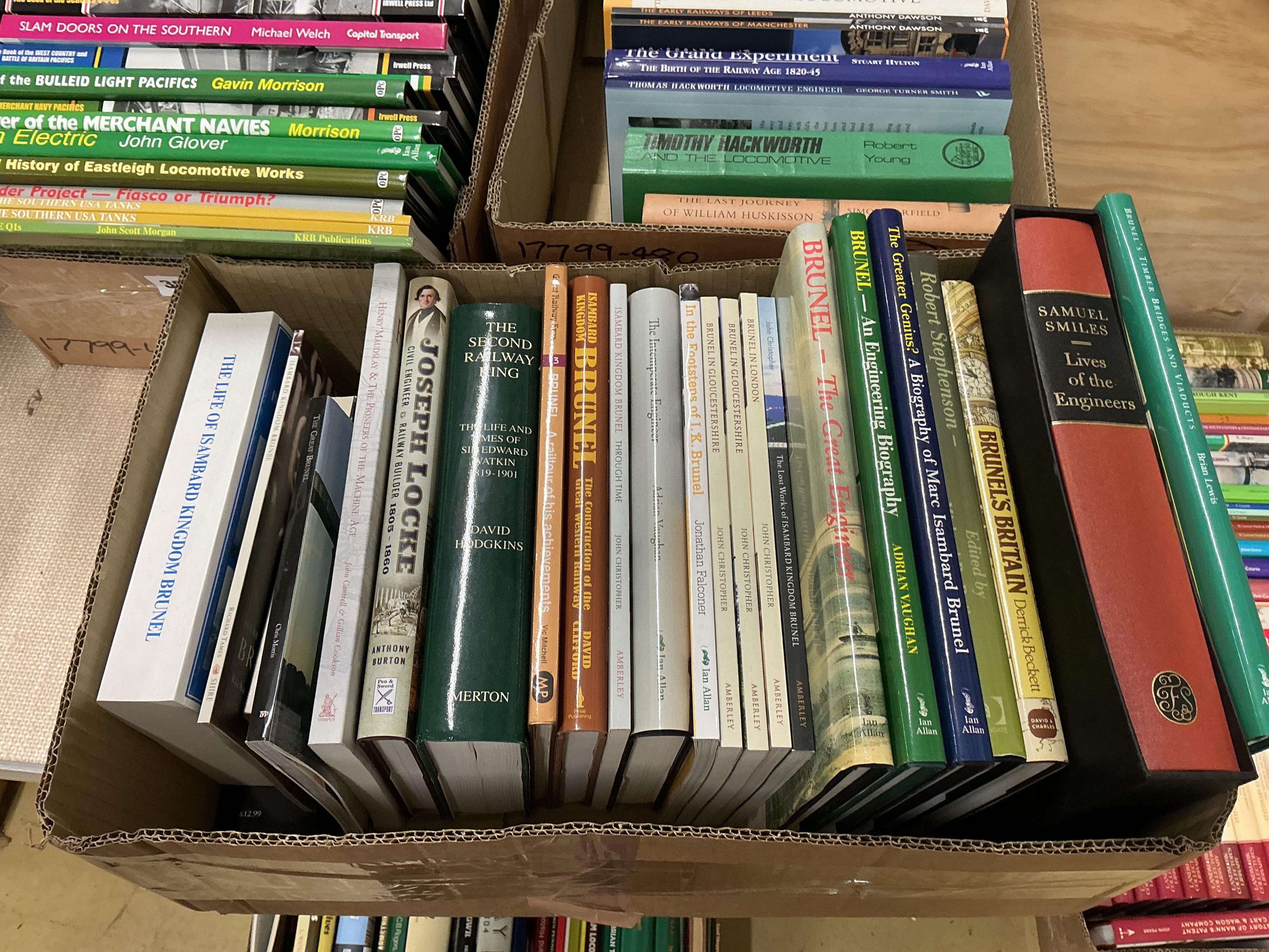 Three boxes of railway related books, subjects include; the Brighton Atlantics, the Modified Bulleid Pacifics, the Kent & East Sussex Railway, the Power of the Merchant Navies, the Early Railways of Leeds, George & Rober